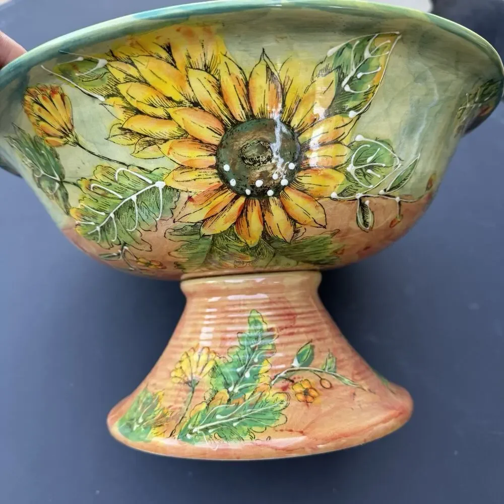 Vintage Sunflower Footed Pedestal Bowl Hand Painted Ceramic Centerpiece 12”